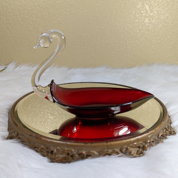 Duncan Miller Ruby Red Glass Swan Dish 8 in Candy Nut Vintage Clear Neck - Picture 3 of 9